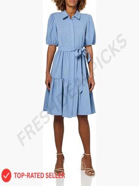 Puff Sleeve Collared Neck Self Tie Tencel A-Line Dress Elegant Chic Minimal